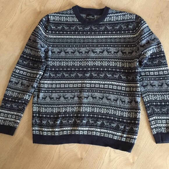 Nordic / Fair Isle Cotton Crew Neck Sweater. S  - Navy/White - Picture 2 of 11